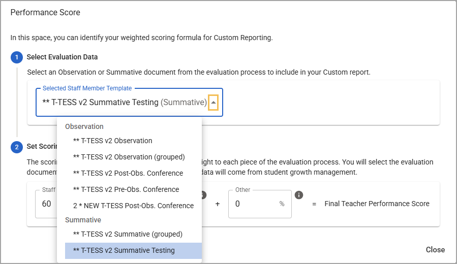 Selection of T-TESS V2 Summative Testing for performance score reporting.